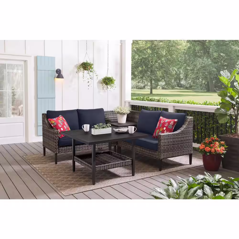 Hampton Bay Prestley Park 4-Piece Steel Patio Conversation Sectional Set with CushionGuard Midnight Navy Blue Cushions