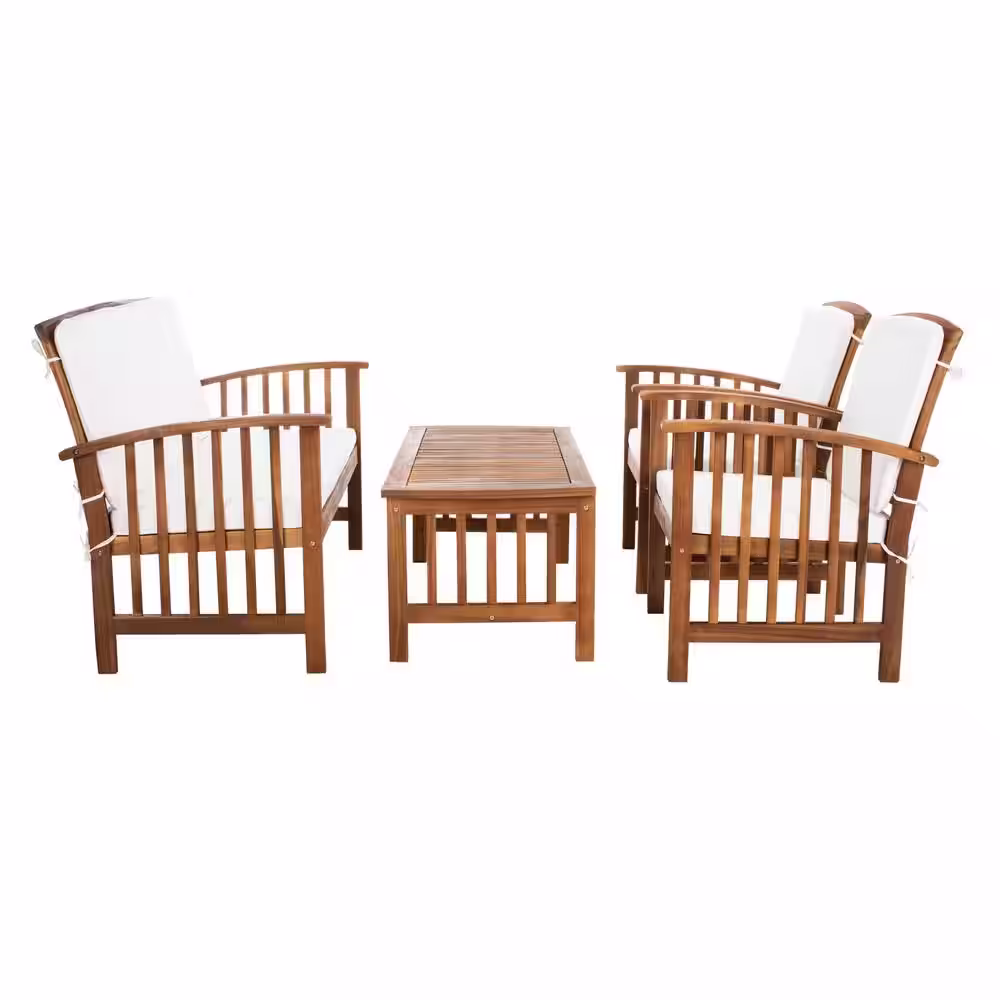 SAFAVIEH Rocklin Teak Brown 4-Piece Wood Patio Conversation Set with Beige Cushions