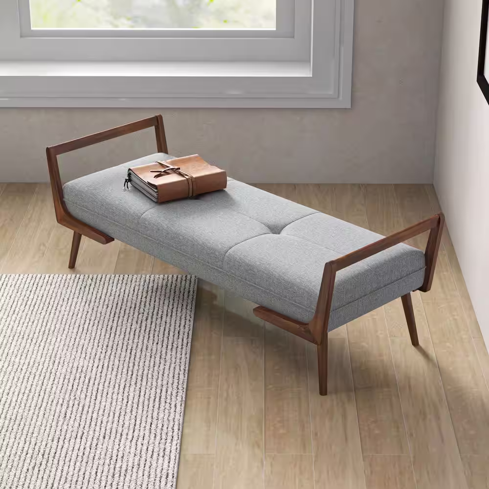 Ashcroft Furniture Co Poppy Mid Century Modern Rectangular Fabric Upholstered Bench in Gray (20.2 in. H x 51.2 in. W x 19.5 in. D)