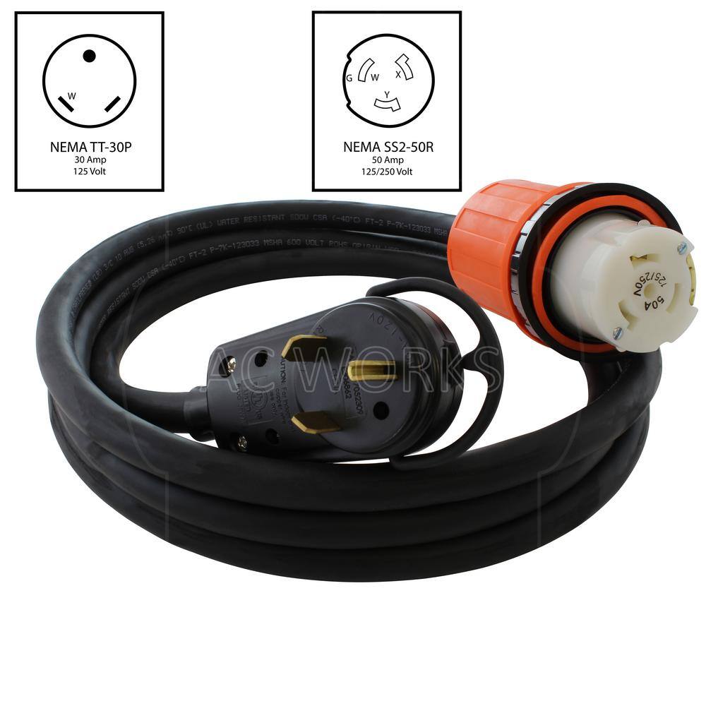 AC WORKS 50 ft. 10-Gauge Heavy-Duty Indoor/Outdoor Black Extension Cord TT-30P to SS2-50R