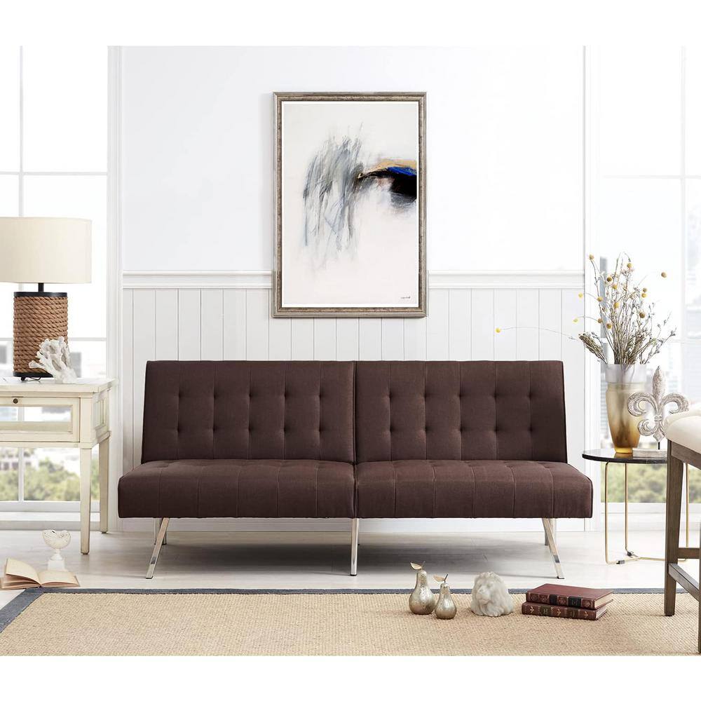 HOMESTOCK Espresso, Linen Tufted Split Back Futon Sofa Bed, Couch Bed, Futon Convertible Sofa Bed with Metal Legs
