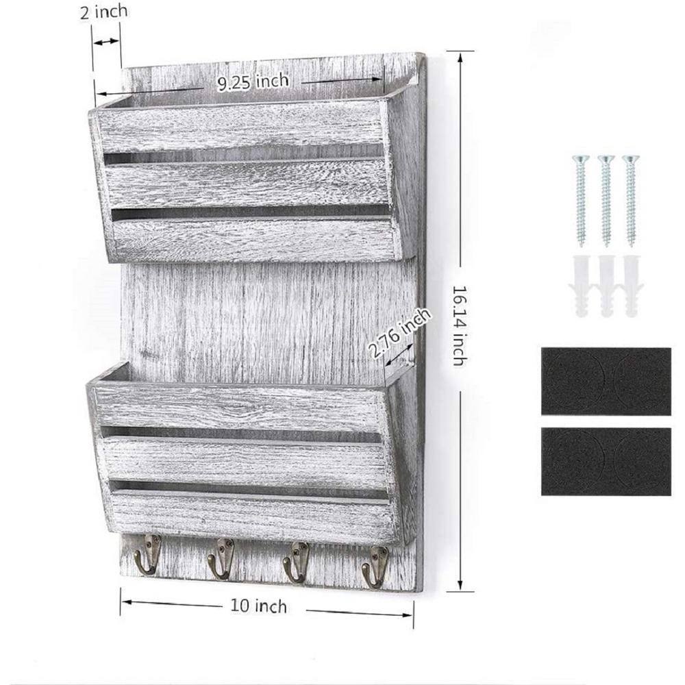 None Rustic White-Gray 2-Slot Mail and Key Holder with 4-Key Hooks