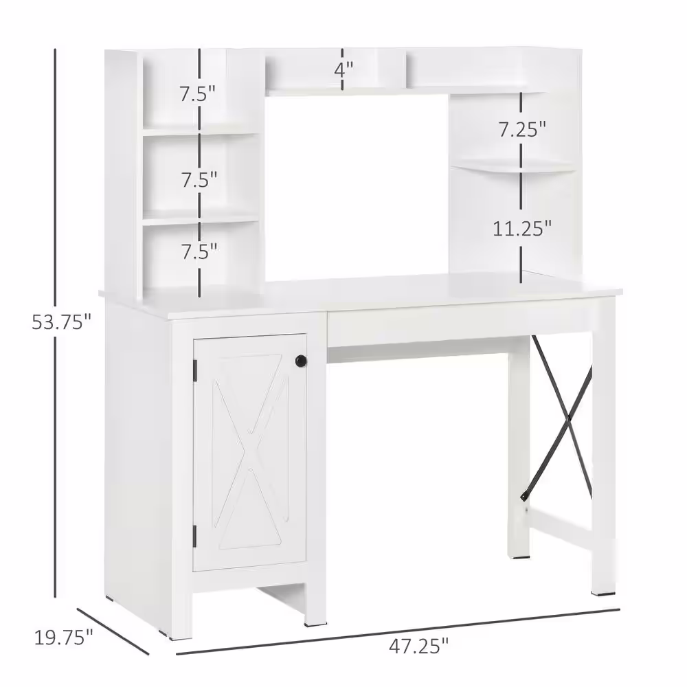 HOMCOM Farmhouse 19.75 in. White Wooden Computer Desk with Hutch and Cabinet