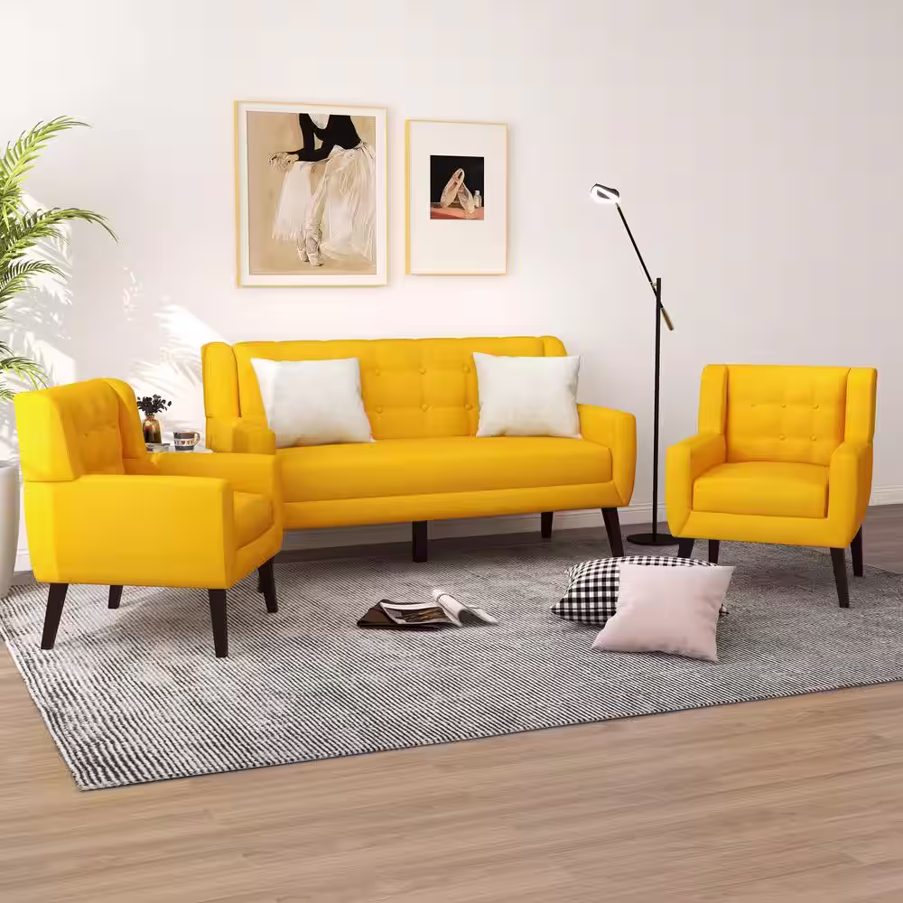 None 63 in.W Modern Straight Arm Linen Fabric Yellow Upholstered Button Loveseat Sofa With Two Pillows