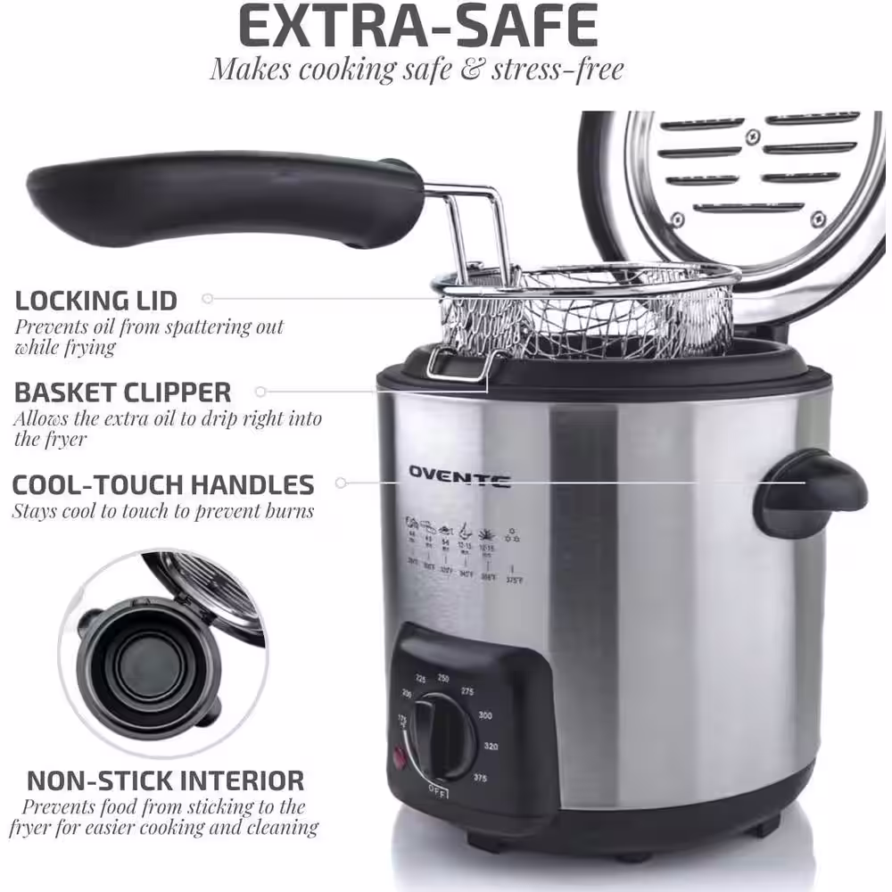 OVENTE 0.95 Qt Silver Mini Electric Deep Fryer with Removable Frying Basket