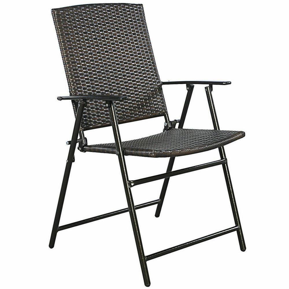 Costway Brown Rattan Metal Frame Folding Chair Furniture Outdoor (Set of 4)