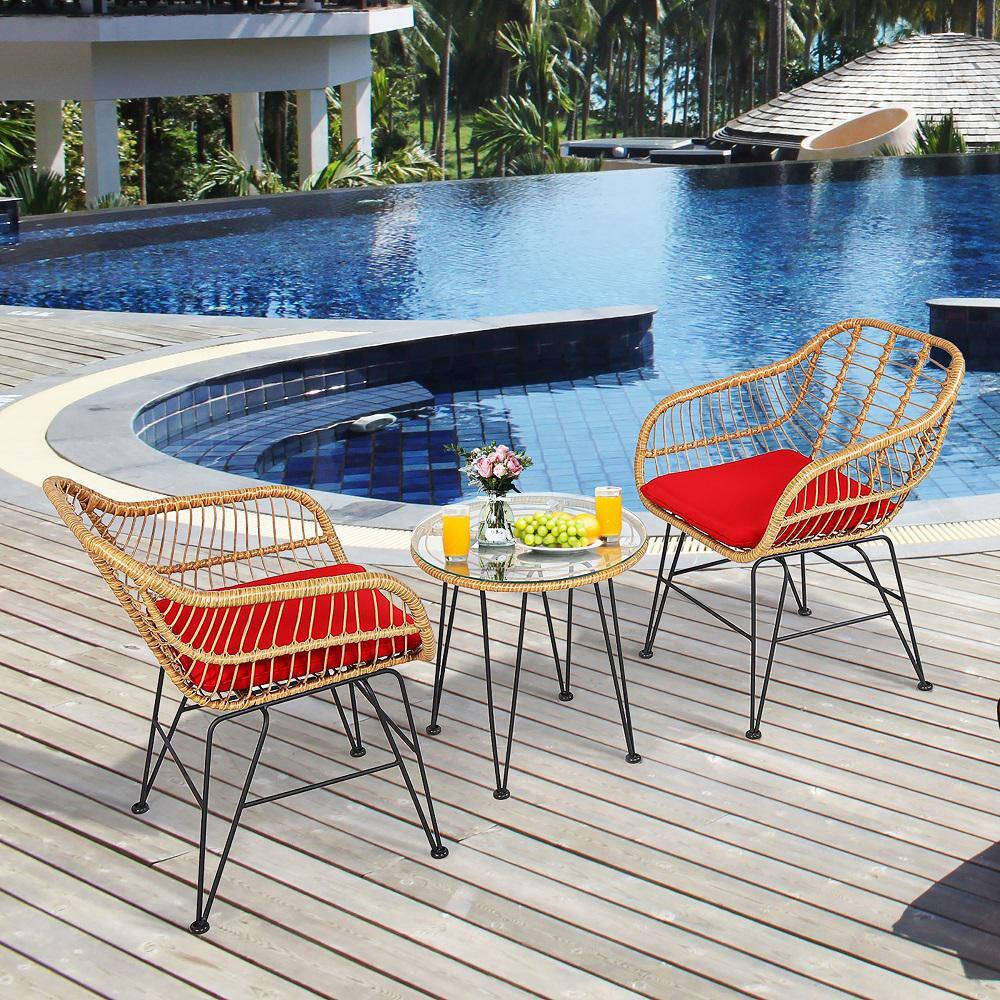 Costway 3-Piece Wicker Outdoor Bistro Set Chair Table with Red Cushions