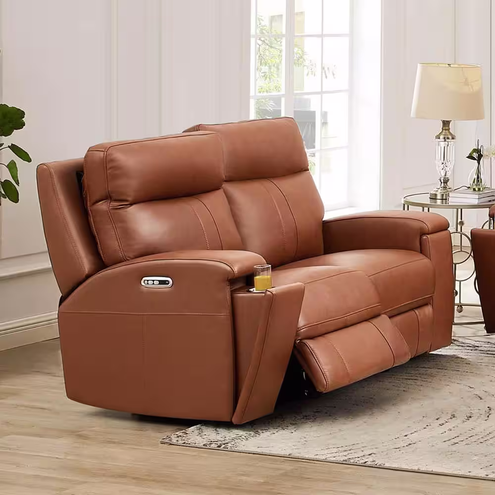 Hydeline Venice 62 in. Cinnamon Brown Top Grain Leather Zero Gravity Power Reclining Loveseat with CupHolder & Built-in USB ports