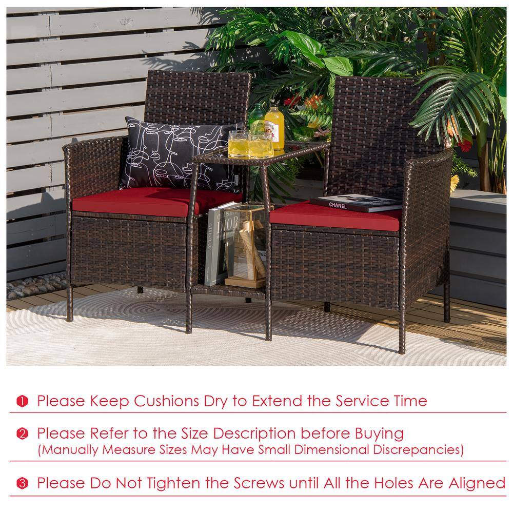 Costway 1-Piece Wicker Patio Conversation Set Sofa Loveseat Glass Table with Red Cushions