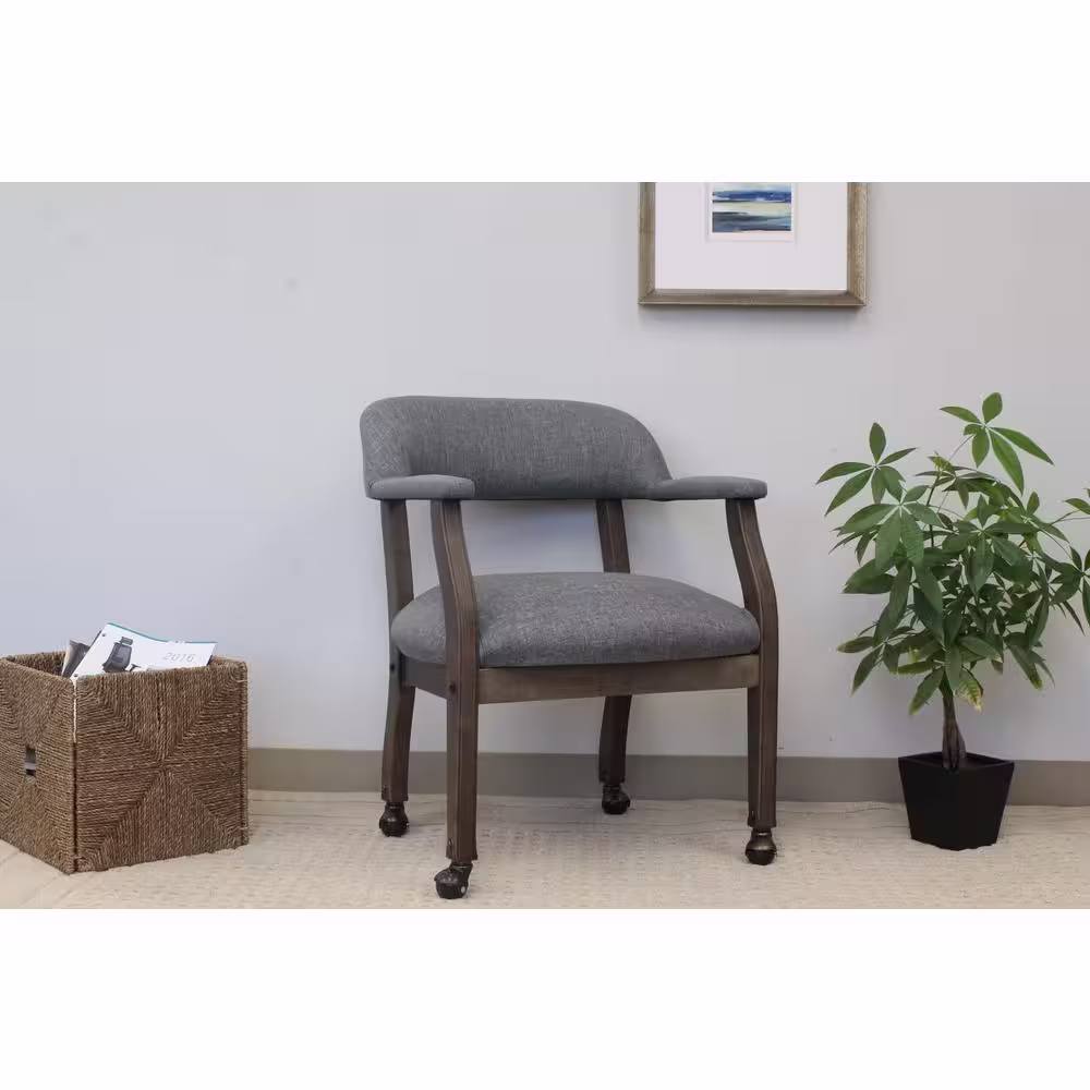 BOSS Office Products Gray Fabric Traditional Rolling Captains Chair with Driftwood Finish, Brass Hooded Casters