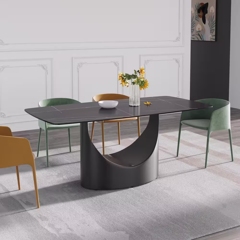 J&E Home 70.86 in. Black Rectangle Sintered Stone Tabletop Dining Table with Carbon Steel (Seats 6)