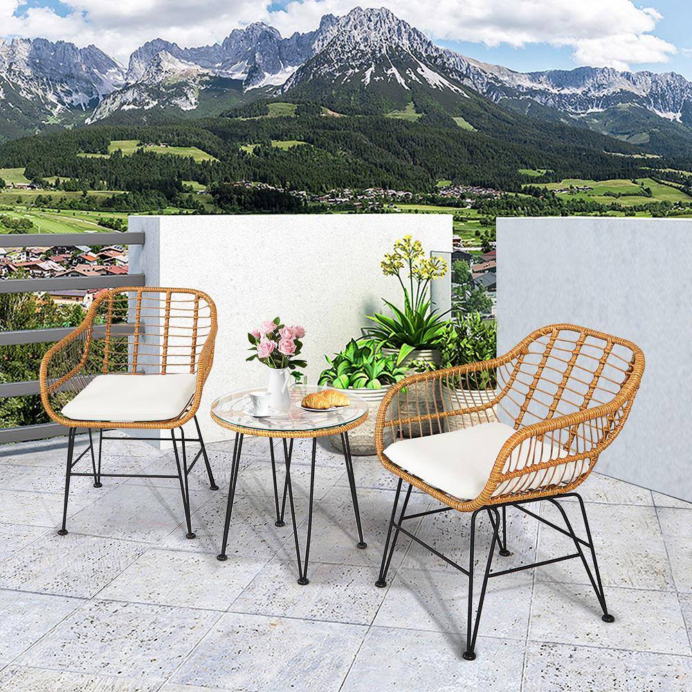 Gymax 3-Piece Wicker Rattan Patio Outdoor Bistro Set Conversation Furniture Set with White Cushions