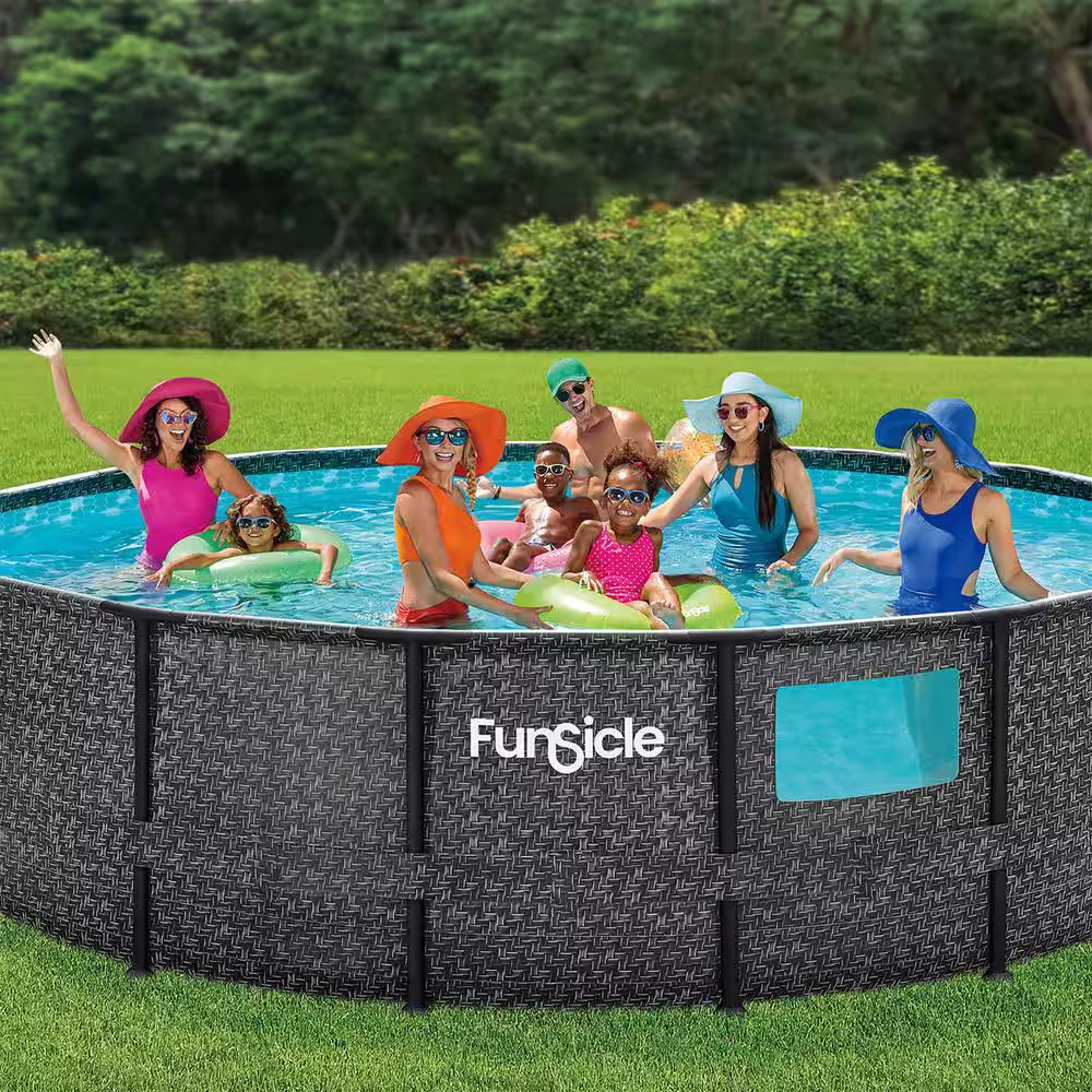 None 16 ft. Round 48 in. Deep Crystal Vue Oasis Metal Frame Swimming Pool, Dark Herringbone