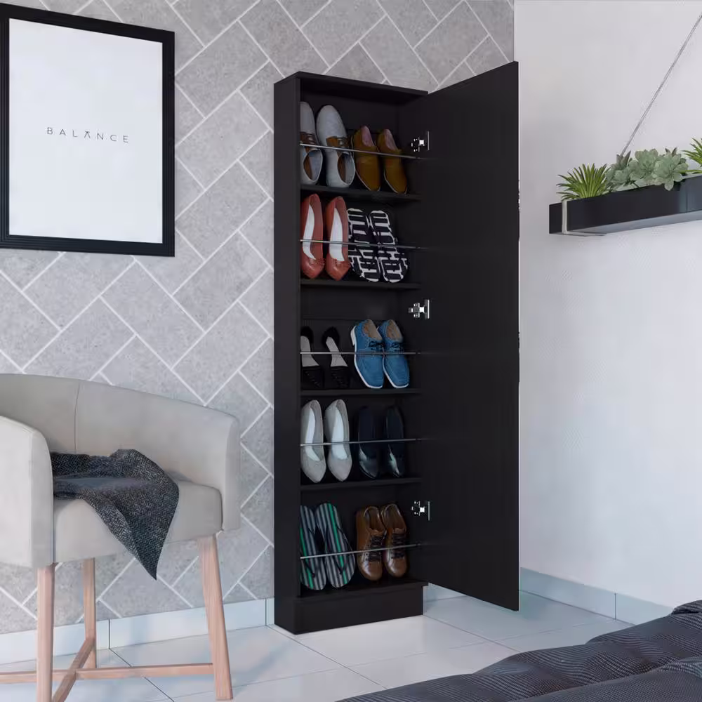 None 66.9 in. H x 18.5 in. W Mirrored Glossy Rectangle Tall Black Shoe Storage Cabinet Fits up to 10 Shoes