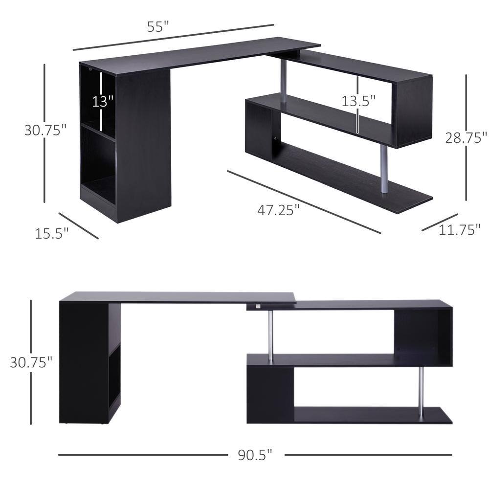None 55 in. L-Shaped Black Writing Computer Desk with Display Shelves