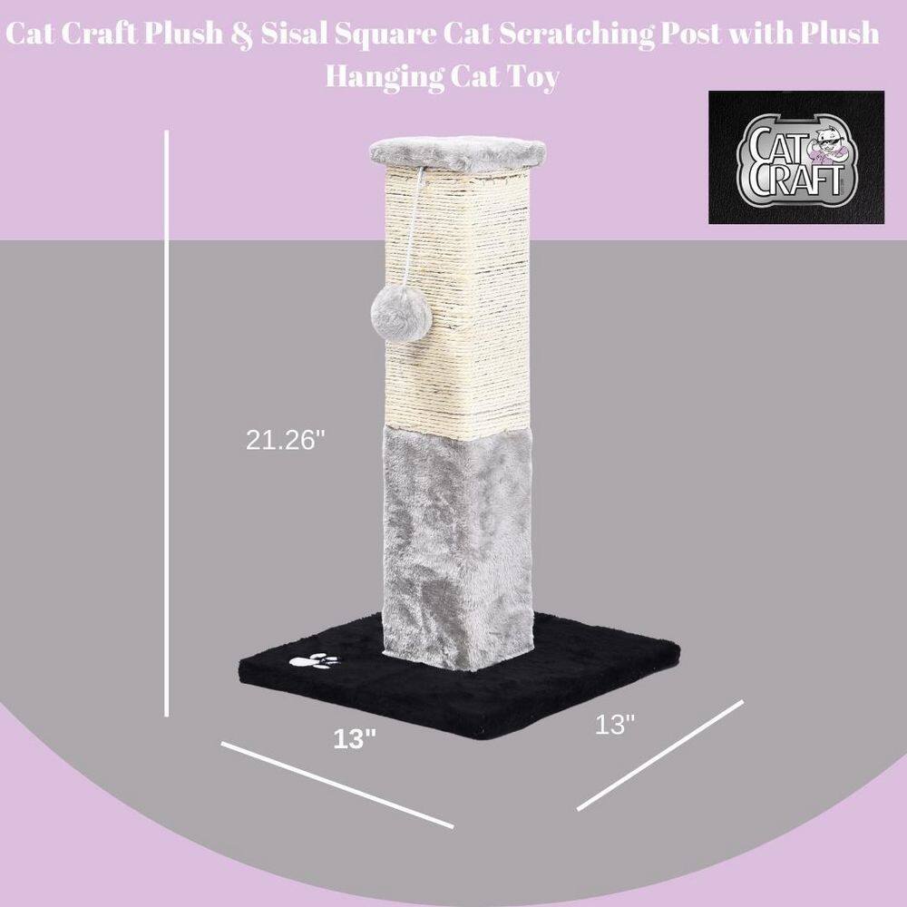CAT CRAFT Plush and Sisal Square Cat Scratching Post with Plush Hanging Cat Toy, Gray/Natural