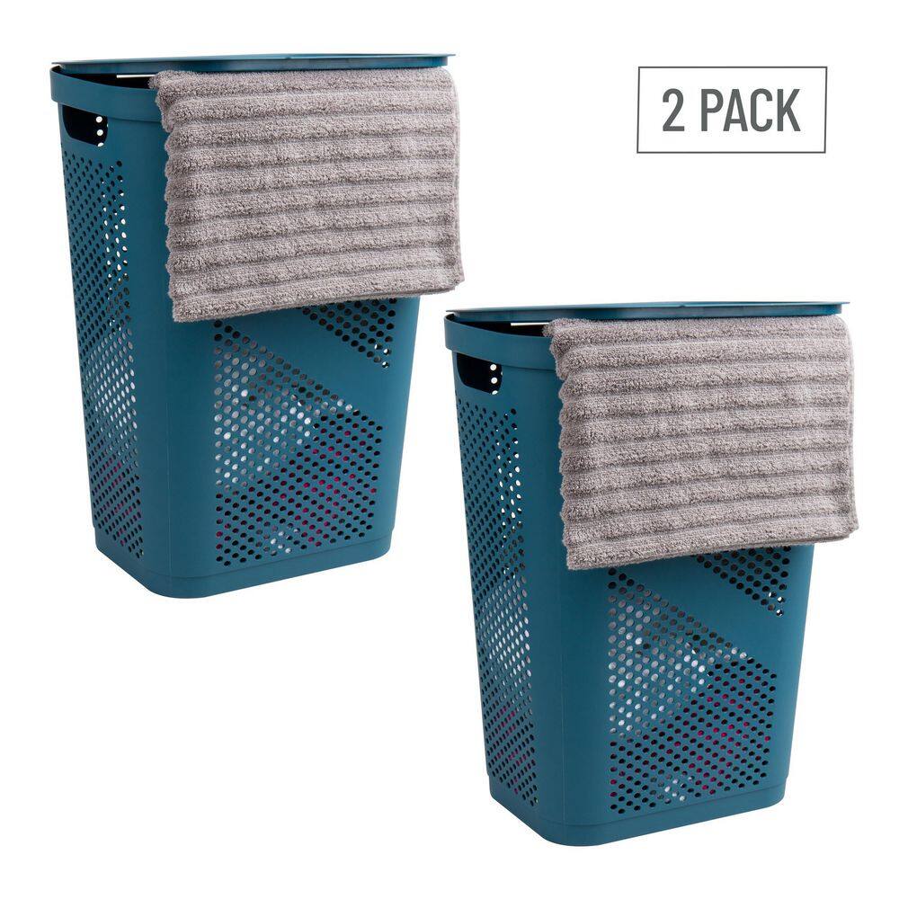 Mind Reader Basket Collection Laundry Hamper, 60 Liter (15kg/33lbs) Capacity, Cut Out Handles, Attached Hinged Lid, Set of 2, Blue