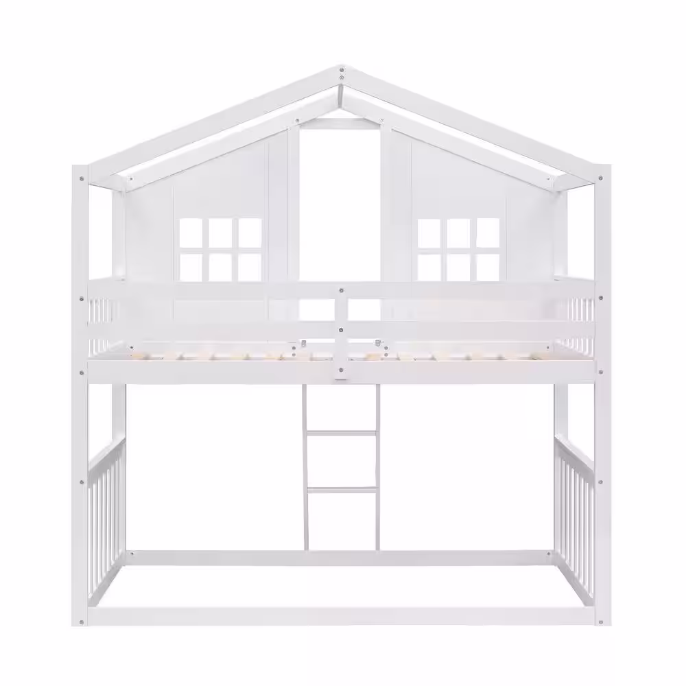 Harper & Bright Designs White Twin Over Twin Wood House Bunk Bed With Ladder