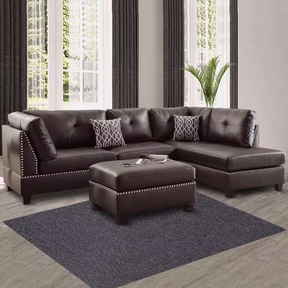Benjara 3-Piece Brown Faux Leather 4-Seater L-Shaped Sectional Sofa with Wood Legs