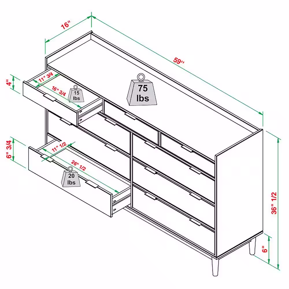 Welwick Designs 9-Drawer Caramel Solid Wood Mid-Century Modern Dresser with Tray Top (36 in. H x 60 in. W x 16 in. D)
