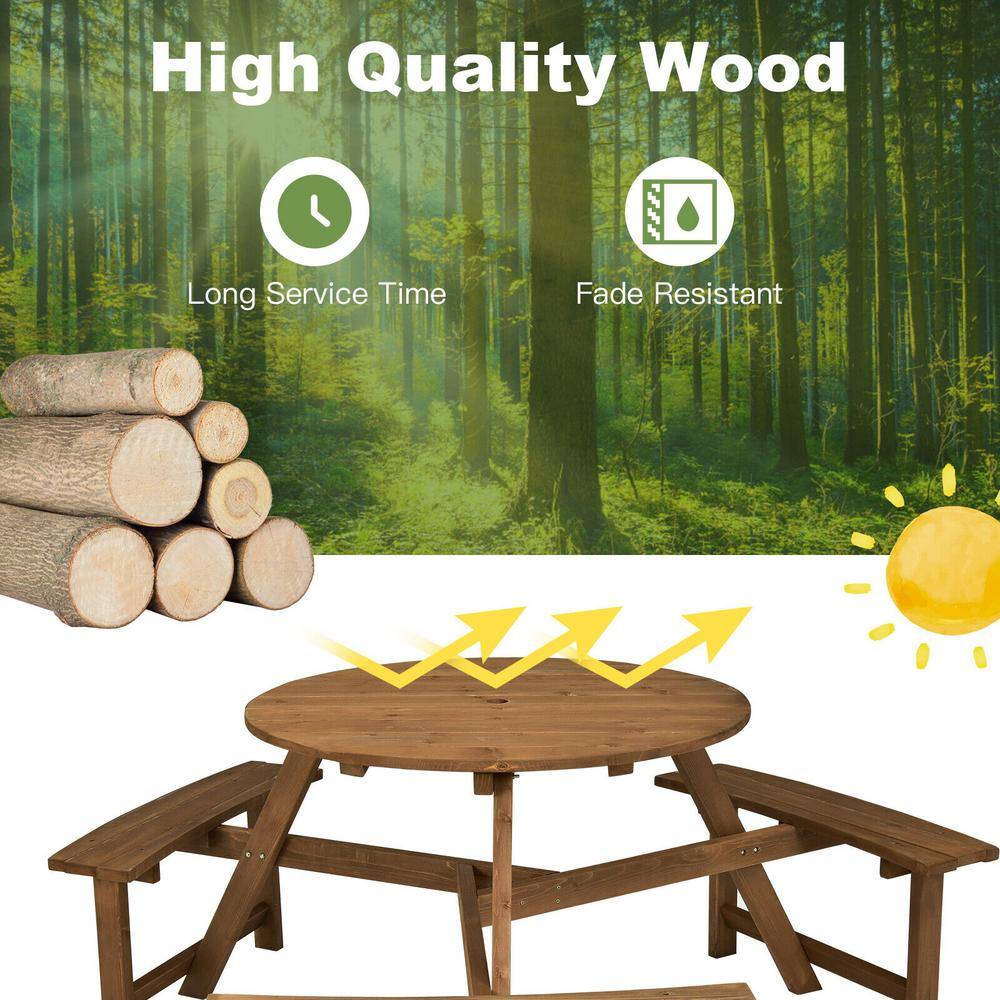 None 65 in. Dia 6-Person Round Wooden Picnic Table with Umbrella Hole and 3 Built-in Benches