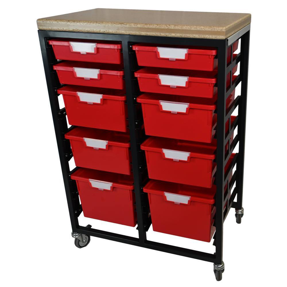 None Mobile Workbench Storage Station With Wood Top -10 StorSystem Trays-Red