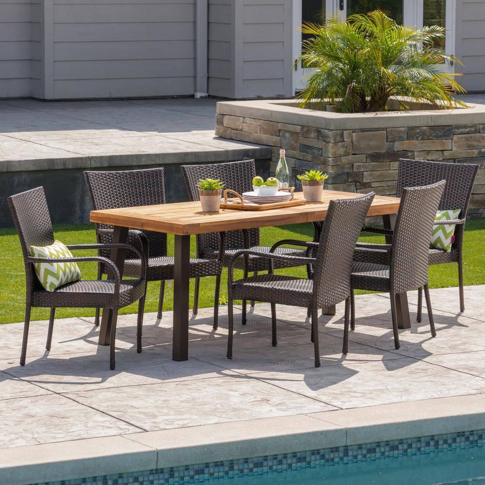 Noble House Malani 7-Piece Wood and Faux Rattan Outdoor Dining Set with Stacking Chairs