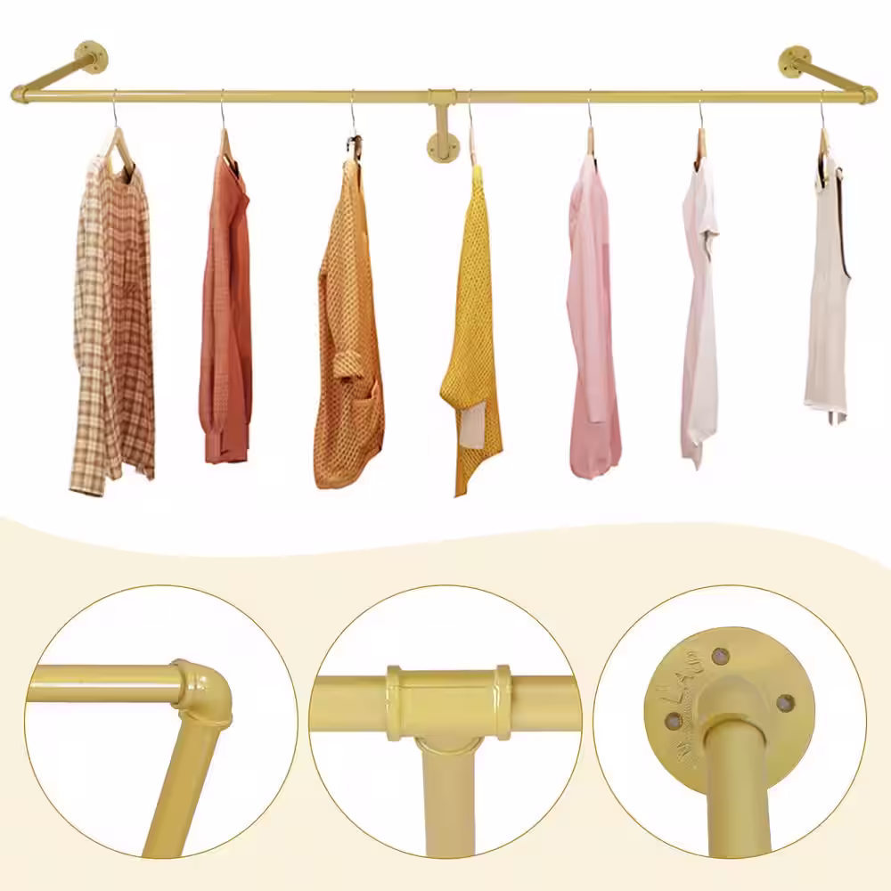 None Gold Iron Industrial Pipe Wall Mounted Clothes Rack Wedding Dress Bridal Garment Rack 11.8 in. W x 47 in. L