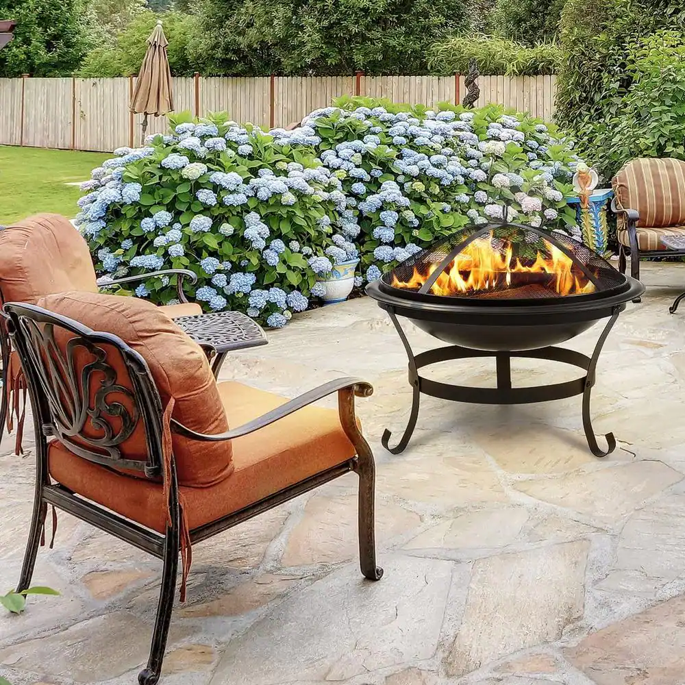 Pyramid Home Decor 30 in. W x 12 in.H Round Outdoor Metal Wood Burning 3-Pieces Fire Pit and Grill for Camping and Cooking in the Patio