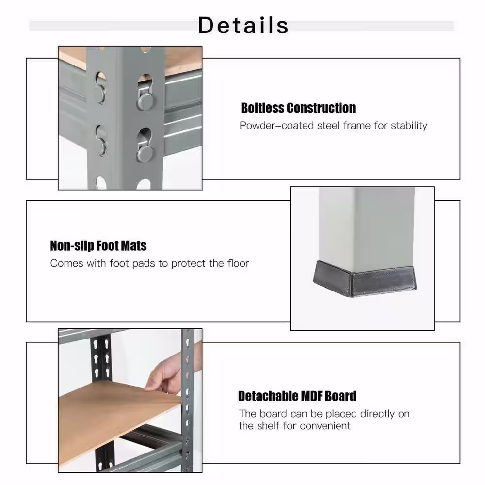 None 30 in. W x 60 in. H x 12 in. D Gray Heavy Duty 5-Tier Steel Adjustable Boltless Garage Storage Shelving Unit