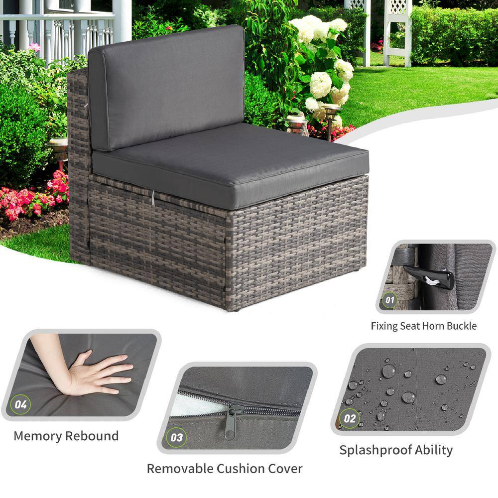 None 5-Piece Wicker Patio Set Conversation Set with Coffee Table, Grey Cushion