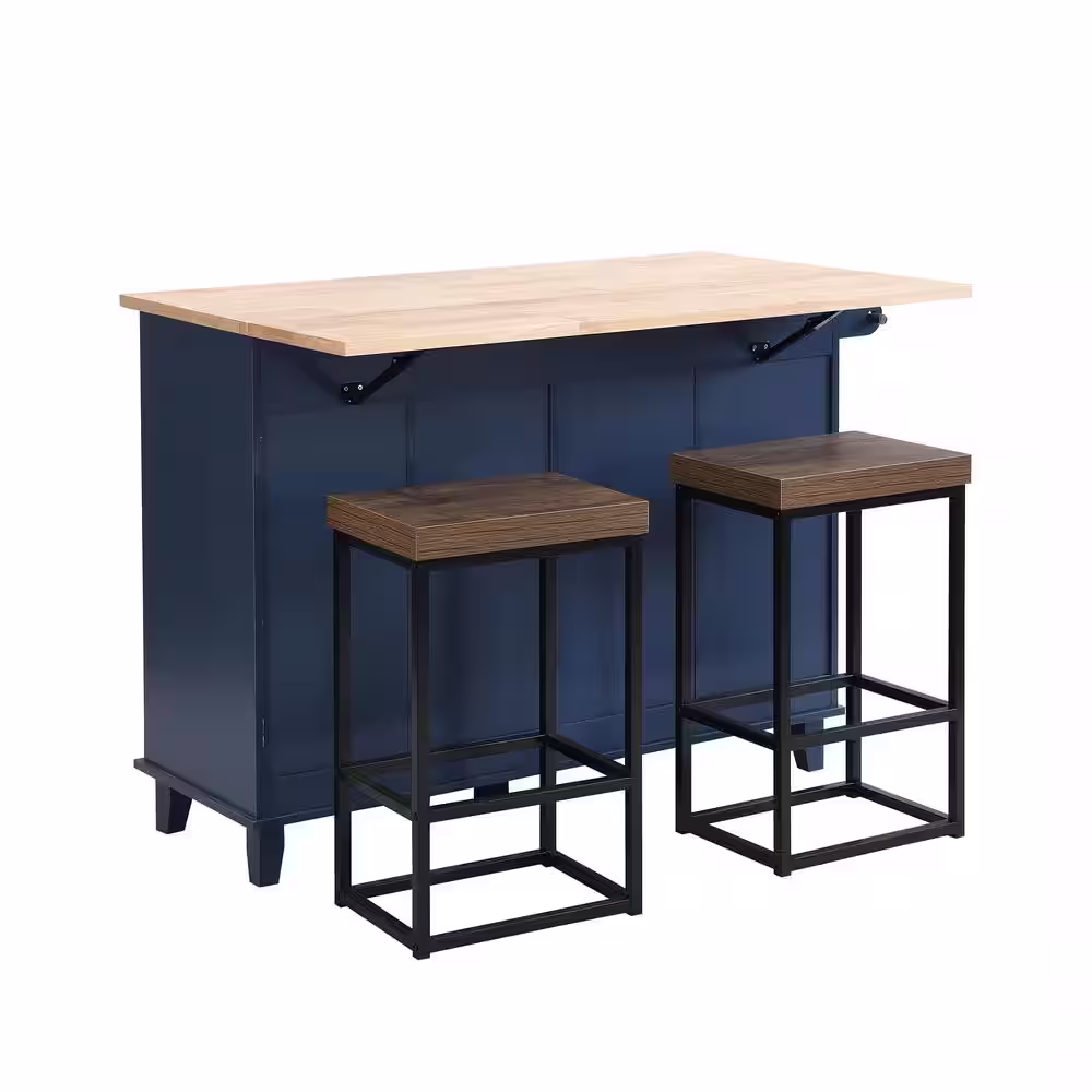 None Blue Drop Leaf Rubber Wood Tabletop 50.3 in. Kitchen Island with Stools