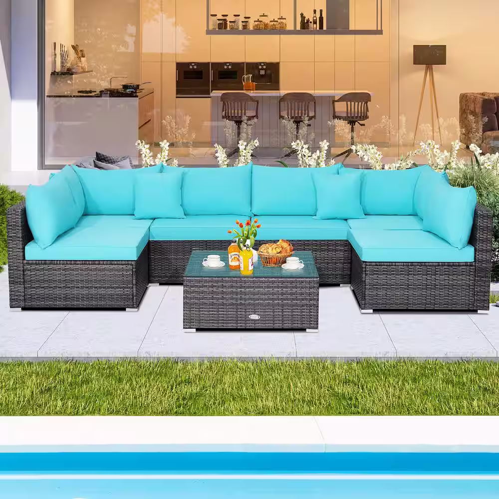 Costway 7-Piece Patio Rattan Furniture Set Sectional Sofa Cushioned Turquoise
