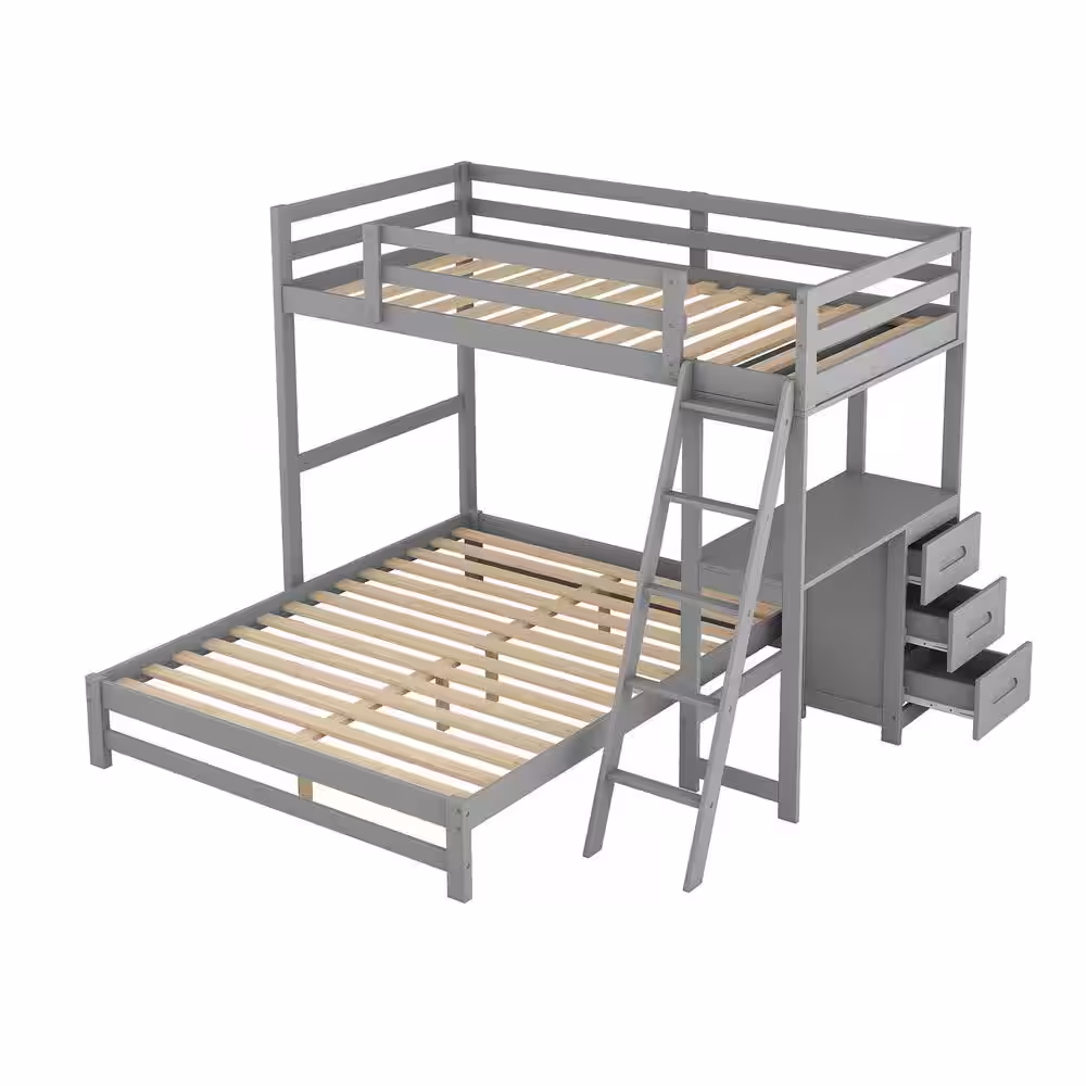 Harper & Bright Designs Gray Twin over Full Wooden Bunk Bed with Built-in Desk, 3 Drawers and Ladder