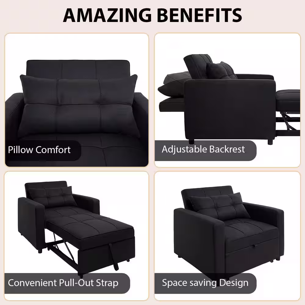 MAYKOOSH Sleeper 3 in 1-Convertible Chair Bed, Pull Out Folding Lounger Sleeper Chair Bed, Linen Sofa Bed Sleeper Black