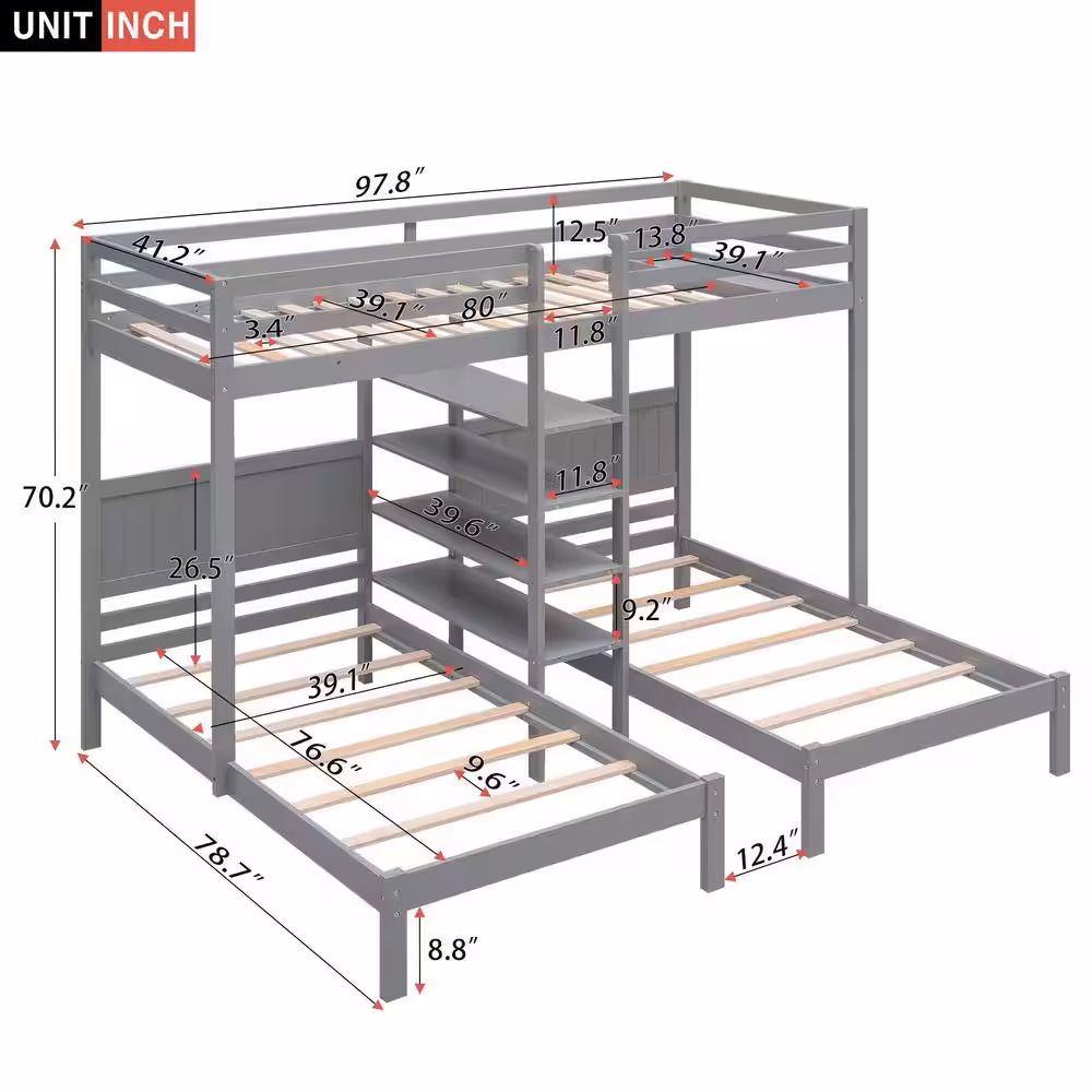 Harper & Bright Designs Gray Twin XL Over Twin and Twin Bunk Bed with Built-in 4 Shelves and Ladder