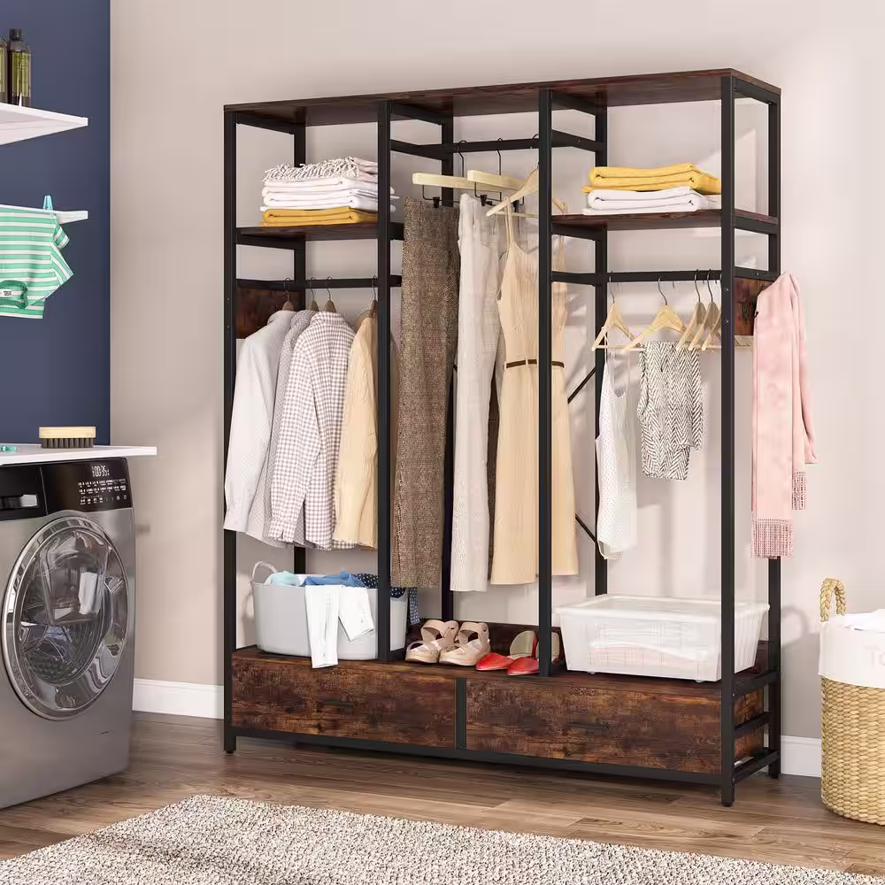 None Billie Dark Brown Closet Rack with 2-Drawers, 2-Shelves and 6 Hooks