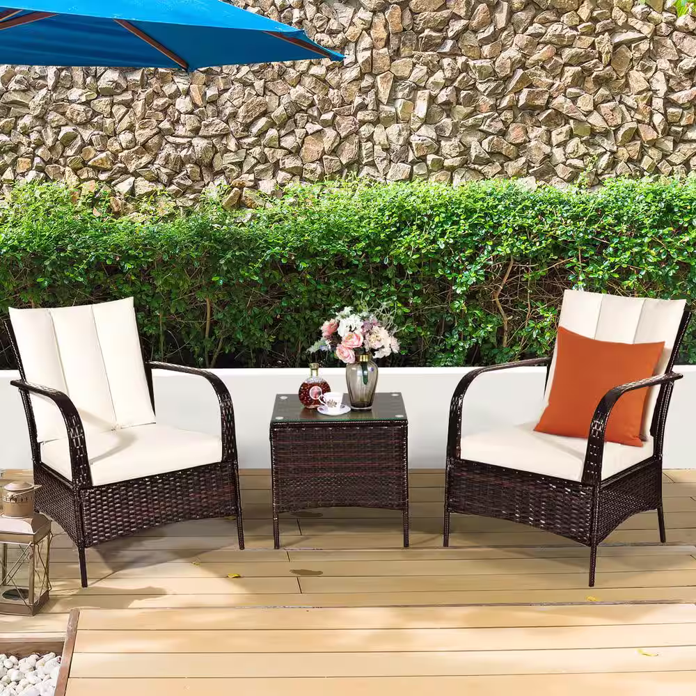 Costway Mix Brown 3-Piece Rattan Wicker Outdoor Furniture Patio Conversation Set with Beige Cushions