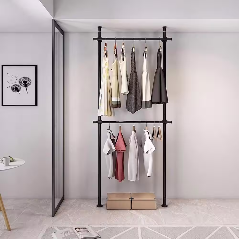None Black Stainless Steel 2 Tier Adjustable Hanging Clothes Rack 43.3 in. W x 120 in. H