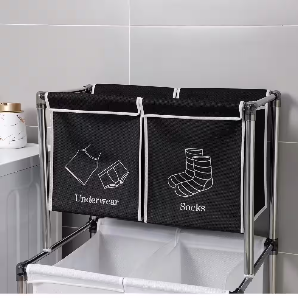 None 2-Tier White and Black Metal Laundry Hamper with 4 Removable Bags
