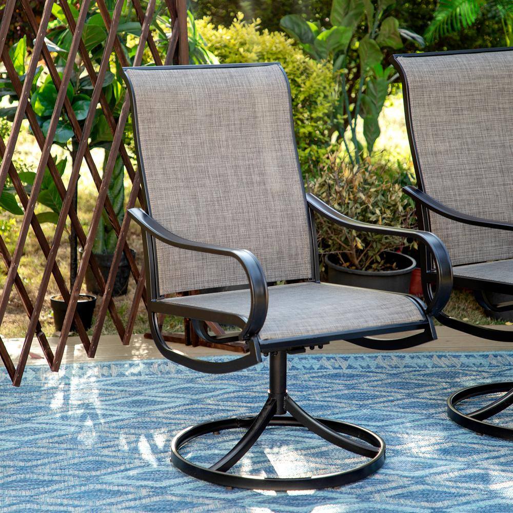 None Black 5-Piece Metal Square Patio Outdoor Dining Set With Wood-Look Table and Textilene Swivel Chairs