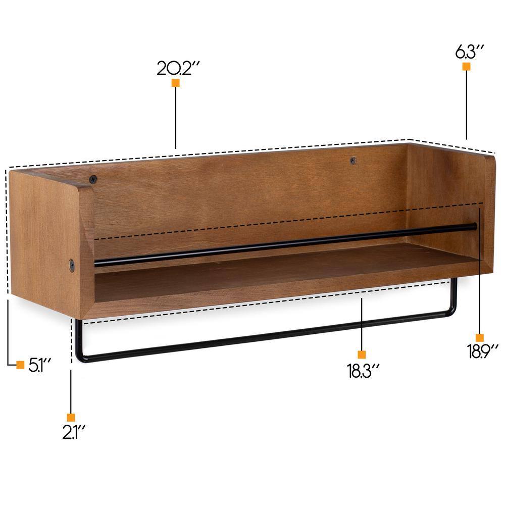 Rustic State Wooden Wall Shelf with Metal Rail :Walnut Hand-Stained