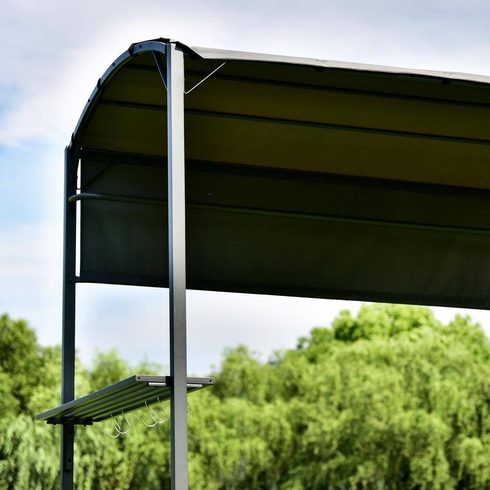 Sungrd 7 ft. x 6.8 ft. Gray Steel Double Tiered Patio BBQ Gazebo with Side Awning, Bar Counters and Hooks