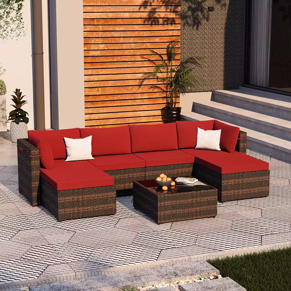 None 7-Piece Wicker Patio Conversation Sectional Seating Set with Coffee Table and Ottomans for Garden, Backyard, Red