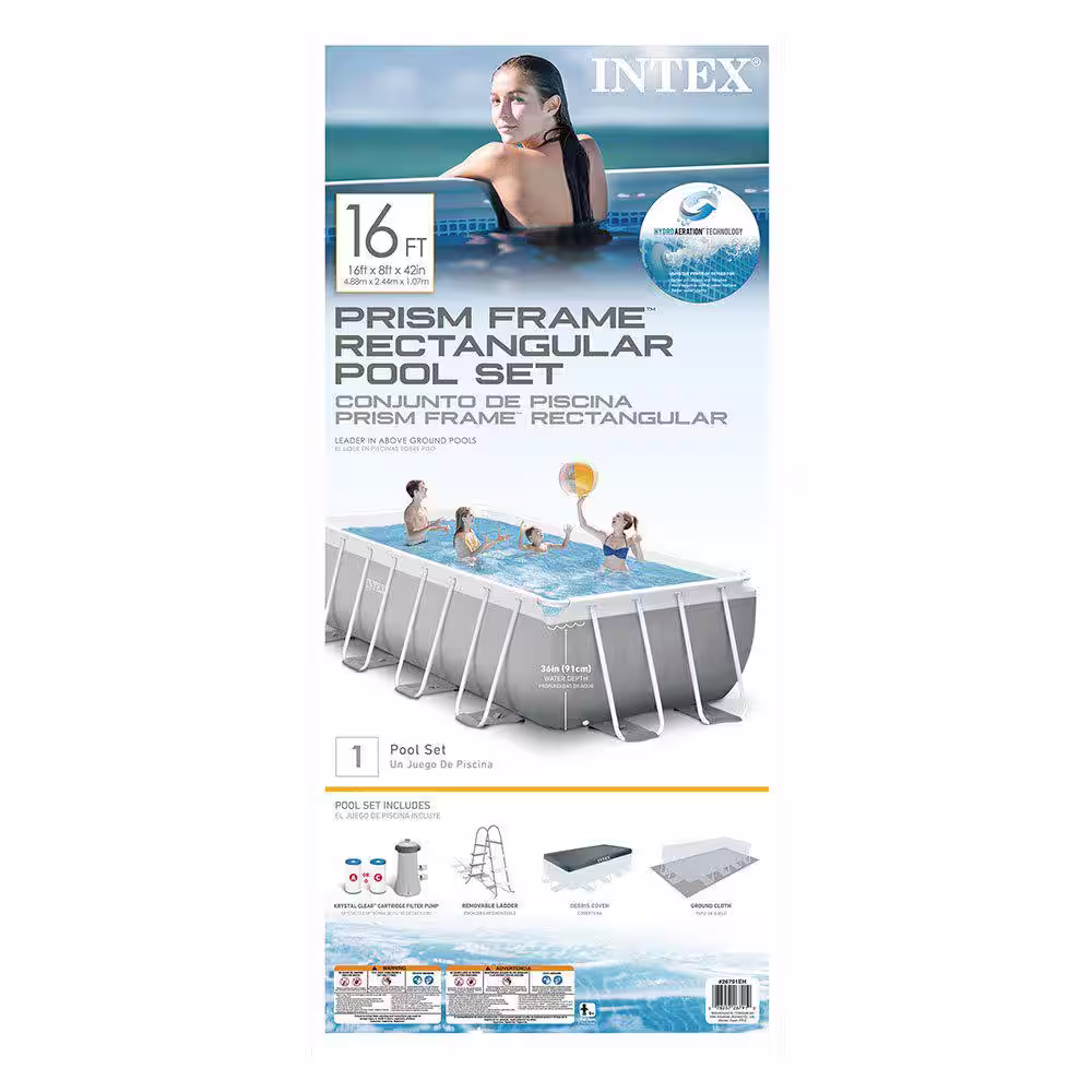 Intex 16 ft. x 8 ft. x 42 in. D Rectangular Metal Frame Above Ground Pool