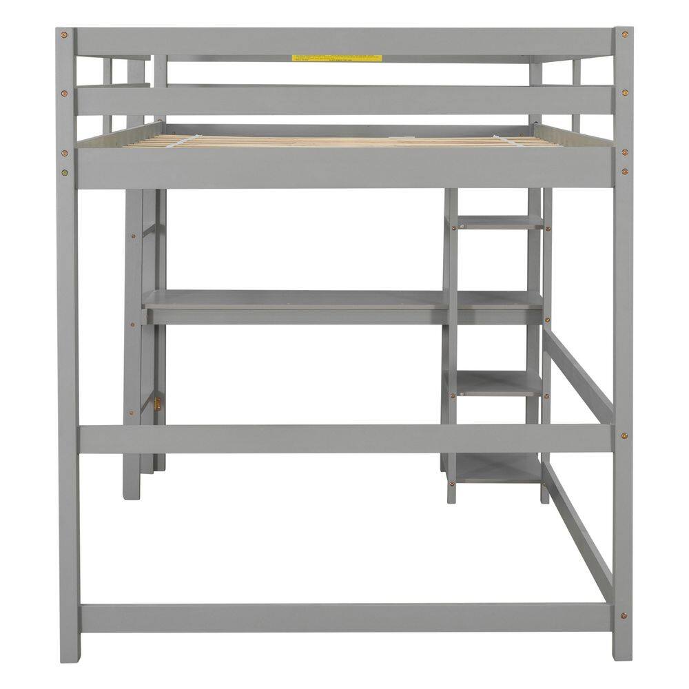 None Gray Full Wood Frame Loft Bed with Bookshelves and Desk Full Kids Loft Bed with Solid Ladder Wood Loft Bed