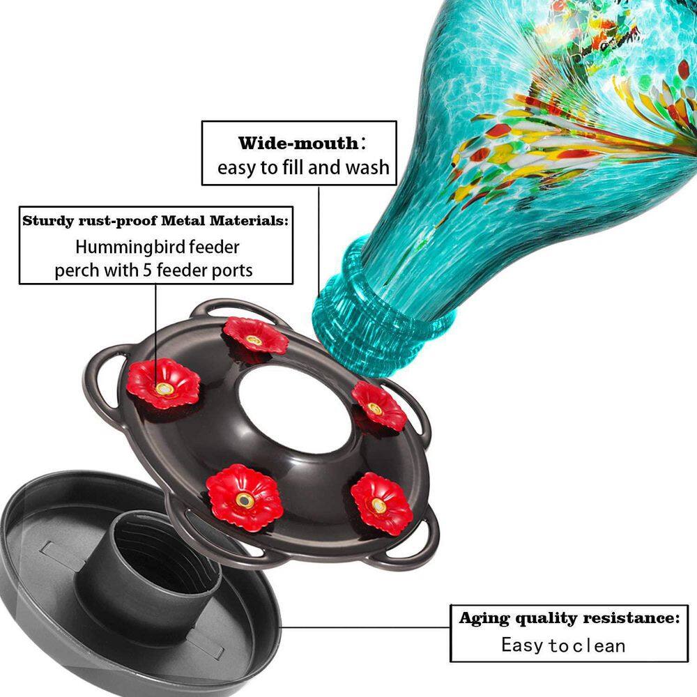 None 11.5 in. Tall Blue Handblown Glass Hummingbird Feeder, Never Fade, 36 Fluid Ounce, 5 Metal Feeding Stations