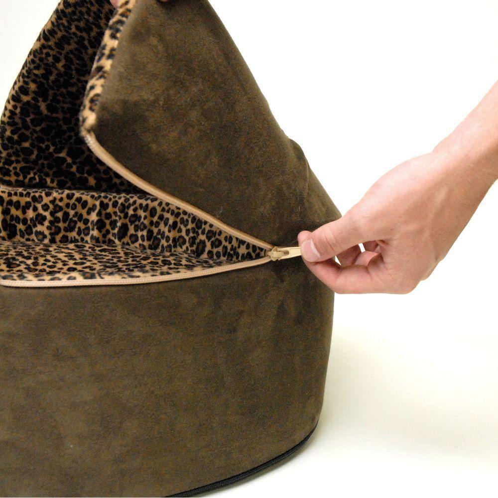 None Thermo-Kitty Deluxe Large Tan Leopard Hooded Heated Cat Bed