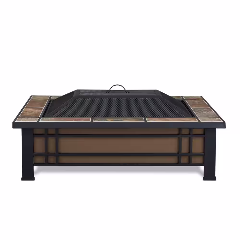 Real Flame Hamilton 44 in. x 13 in. Rectangle Steel and Slate Natural Wood-Burning Fire Pit in Black and Brown with Slate Top