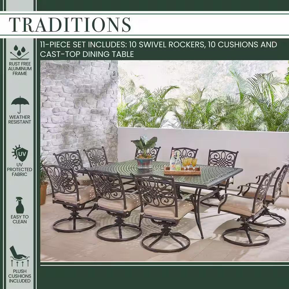 Hanover Traditions 11-Piece Aluminum Outdoor Dining Set with 10 Swivel Rockers and Tan Cushions, Rectangular Dining Table